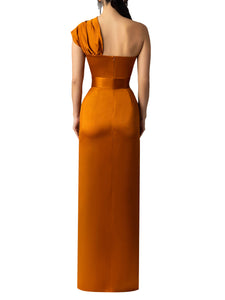 "Reyna" Cognac One Shoulder Maxi Dress