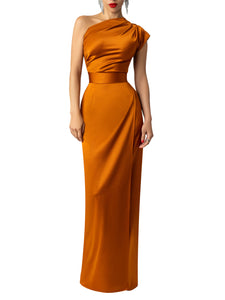 "Reyna" Cognac One Shoulder Maxi Dress