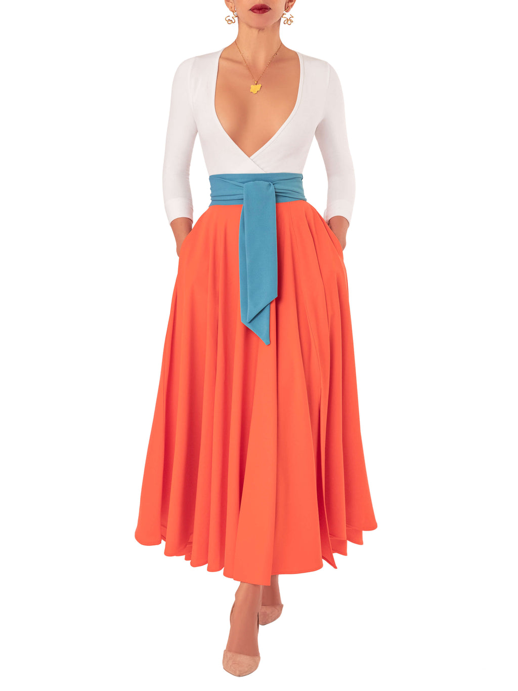 "Dayanara" Orange Contrast Waist Swing Skirt FKSP