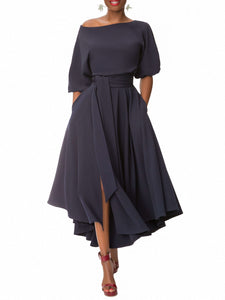 "LaShonda" Navy Off-Shoulder Knit Dress