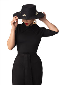 "Icon" Black Embellished Wide Brim Hat