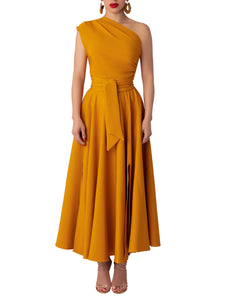 "Papaya" Mustard One-Shoulder Dress