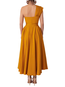 "Papaya" Mustard One-Shoulder Dress