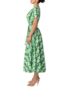 "Natalia" Green Print Gathered Midi Dress