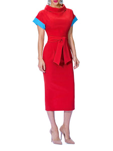 "Thalia" Folded Neck Dress w/Contrast Sleeves