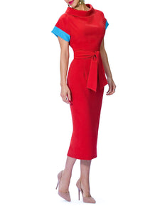 "Thalia" Folded Neck Dress w/Contrast Sleeves