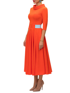 "Rosalyn" Orange/Blue Contrast Waist Swing Dress