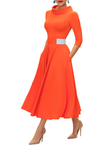 "Rosalyn" Orange/Blue Contrast Waist Swing Dress