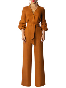 "Chestnut" Cognac Linen Button-Down Jumpsuit