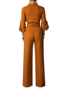 "Chestnut" Cognac Linen Button-Down Jumpsuit