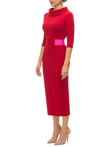 "Cynthia" Deep Red Contrast Waist Pencil Dress