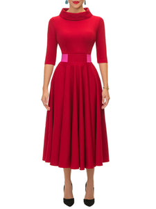 "Tara" Deep Red/Magenta Contrast Waist Swing Dress