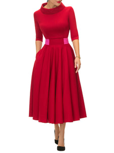 "Tara" Deep Red/Magenta Contrast Waist Swing Dress