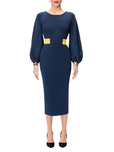 "Donna" Navy Midi Dress w/ Mustard Contrast