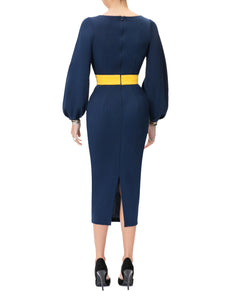 "Donna" Navy Midi Dress w/ Mustard Contrast