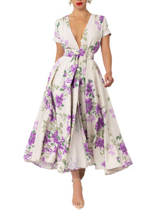 "Shirley" Lilac Floral Gathered Midi Dress