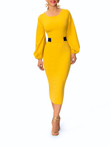 "Estela" Mustard Midi Dress w/ Navy Contrast