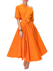 "Frances" Orange Belted Midi Skirt