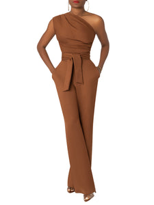 "Serafina" Brown One-Shoulder Jumpsuit