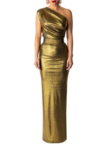 "Goldie" Gold One Shoulder Maxi Dress