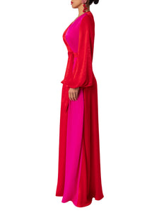 “Ara” Red/Magenta Colorblock Wrap Dress