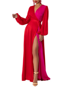 “Ara” Red/Magenta Colorblock Wrap Dress