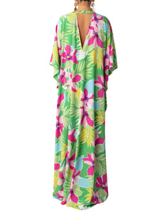 “Yucatan” Green Print floral Kaftan Maxi dress