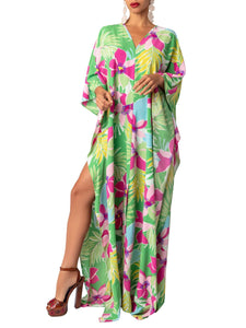 “Yucatan” Green Print floral Kaftan Maxi dress
