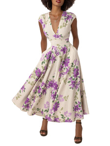 "Sylvia" Floral Lilac V- Neck Swing Dress