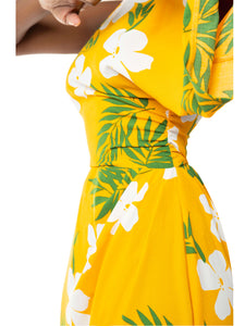 "Leilani" Yellow Tropical One Shoulder Draped Dress