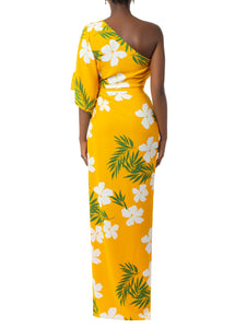 "Leilani" Yellow Tropical One Shoulder Draped Dress