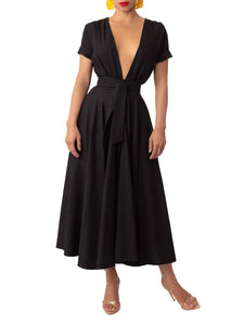 “Simi” Black Button-Down Midi Linen Swing Dress