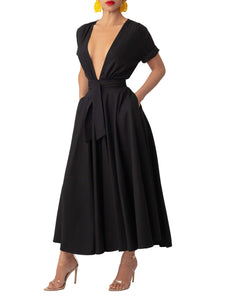 “Simi” Black Button-Down Midi Linen Swing Dress