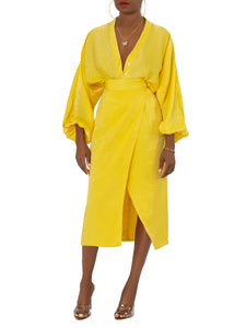“Aurelia” Yellow Faux Wrap Dress