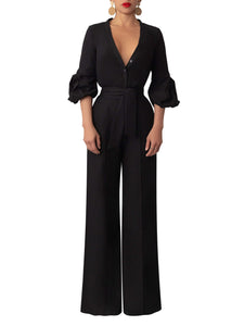 “Fẹlá” Button-Down Black Belted Linen Jumpsuit