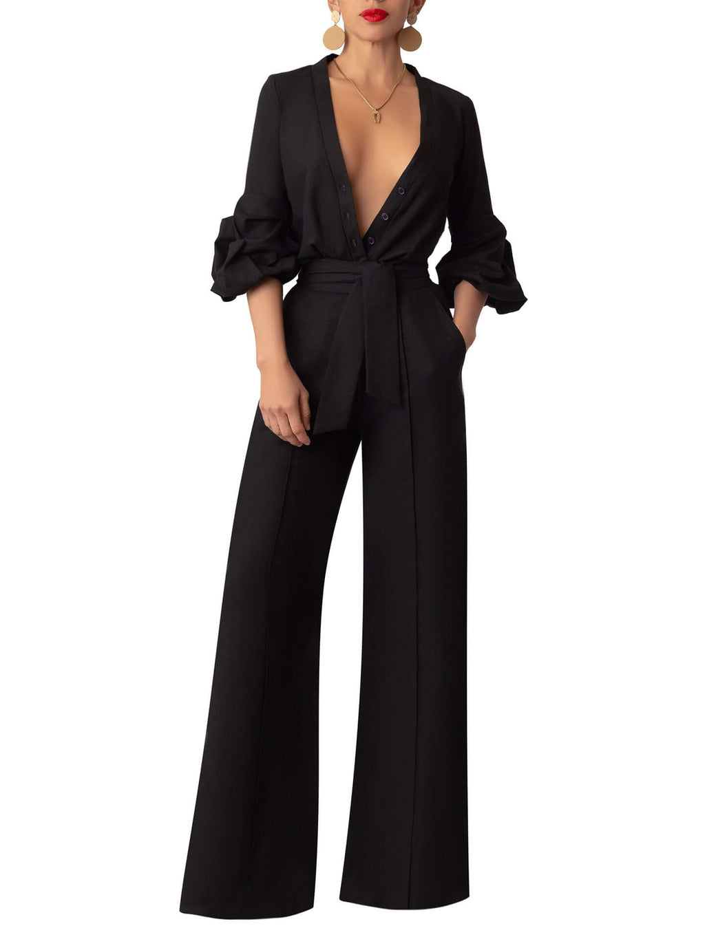 “Fẹlá” Button-Down Black Belted Linen Jumpsuit – FKSP