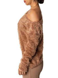 "Zara" Khaki Shaggy Off Shoulder Sweater