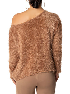 "Zara" Khaki Shaggy Off Shoulder Sweater
