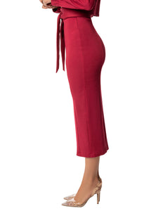 "Daphne" Burgundy Belted Pencil Skirt