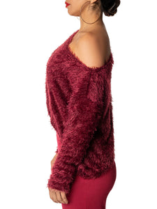 "Selma" Burgundy Shaggy Off Shoulder Sweater