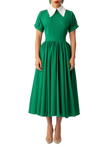 "Brigitta" Green Pointed Collar Swing Dress
