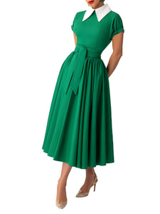 "Brigitta" Green Pointed Collar Swing Dress