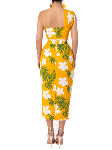 "Indra" Yellow Tropical Print One Shoulder Dress