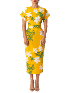 "Elaine" Yellow Print Midi Dress
