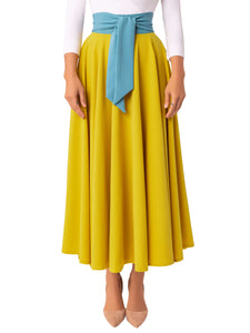 "Liliana" Chartreuse Contrast Waist Swing Skirt