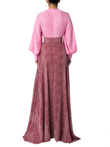 “Perla” Pink-Burgundy Bishop Sleeve Dress