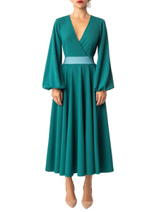 "Paloma" Emerald Contrast Waist Swing Dress