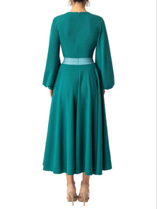 "Paloma" Emerald Contrast Waist Swing Dress