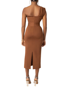 “Adara” Brown One Shoulder Dress