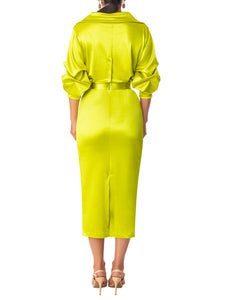 "Peridot" Chartreuse Midi Off Shoulder Dress